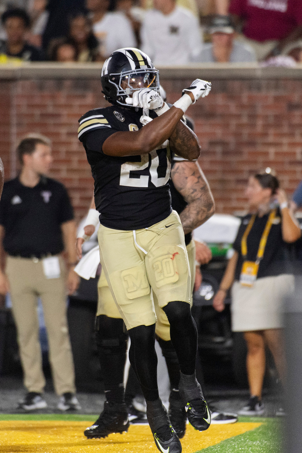 Missouri running back Jamal Roberts celebrates his touchdown during the first half of an NCAA college football game against Troy Saturday, Sept. 19, 2026, in Columbia, Mo. (AP Photo/LG Patterson)