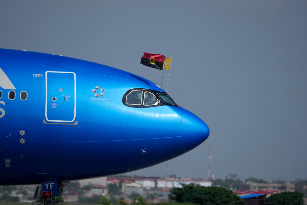 The plane carrying Pope Leo XIV arrives in Luanda, Angola, Saturday, April 18, 2026 on the sixth day of his 11-day pastoral visit to Africa. (AP Photo/Themba Hadebe)