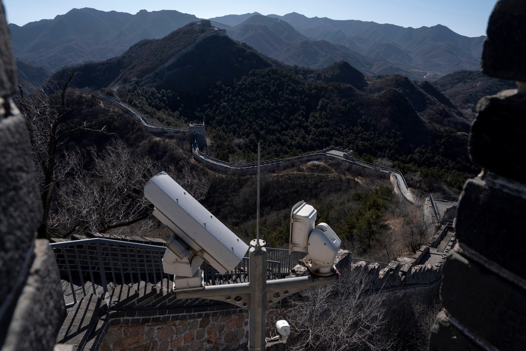 Security cameras are positioned on the Great Wall of China on the outskirts of Beijing, Tuesday, Feb. 25, 2025. (AP Photo/Ng Han Guan)