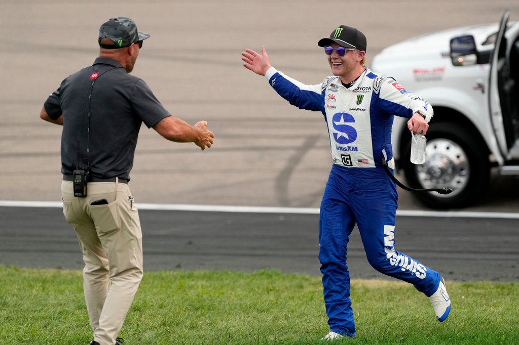 Ty Gibbs celebrates after winning a NASCAR Cup Series auto race, Sunday, Aug. 9, 2026, at Iowa Speedway in Newton, Iowa. (AP Photo/Charlie Neibergall)