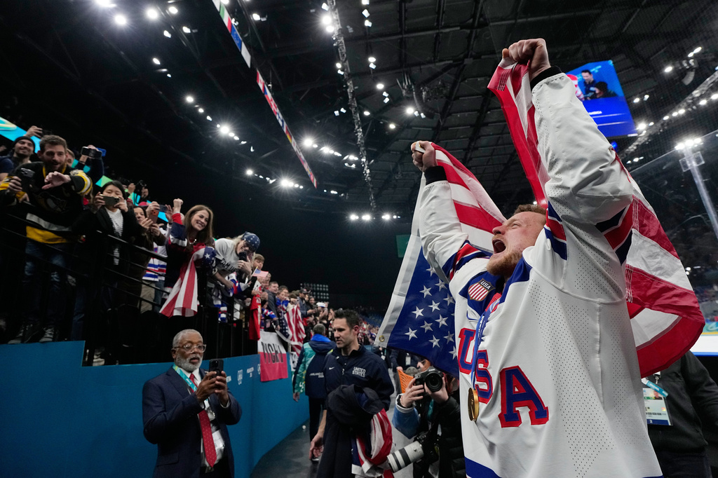 FILE - United States' Jack Eichel celebrates after the United States defeated Canada in a men's ice hockey gold medal game between Canada and the United States at the 2026 Winter Olympics, in Milan, Italy, Feb. 22, 2026. (AP Photo/Petr David Josek, File)