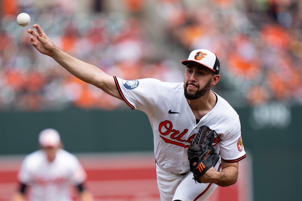FILE - Baltimore Orioles starting pitcher Grayson Rodriguez throws during the first inning of a baseball game against the Toronto Blue Jays, July 31, 2024, in Baltimore. (AP Photo/Stephanie Scarbrough, File)