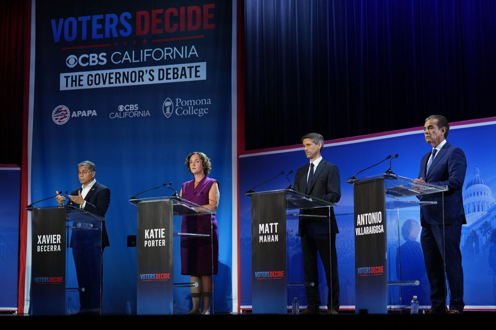 From left, Xavier Becerra speaks besite Katie Porter, Matt Mahan and Antonio Villaraigosa during a gubernatorial debate hosted by CBS LA at Pomona College in Claremont, Calif., Tuesday, April 28, 2026. (AP Photo/Jae C. Hong)