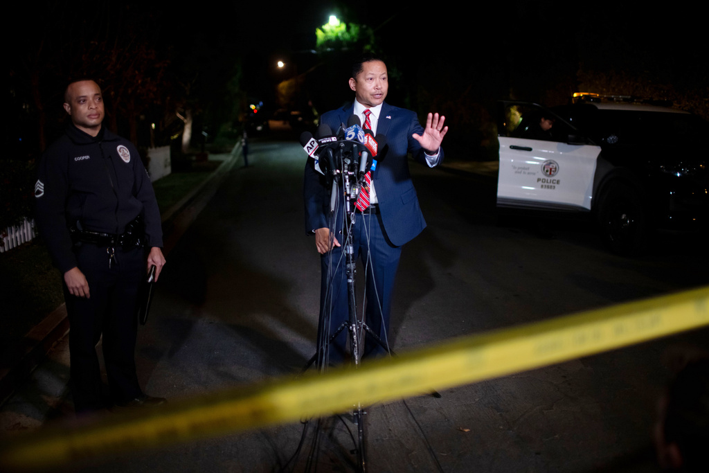 LAPD Deputy Chief Alan Hamilton speaks near Rob Reiner's residence Sunday, Dec. 14, 2025, in the Brentwood section of Los Angeles. (AP Photo/Ethan Swope)