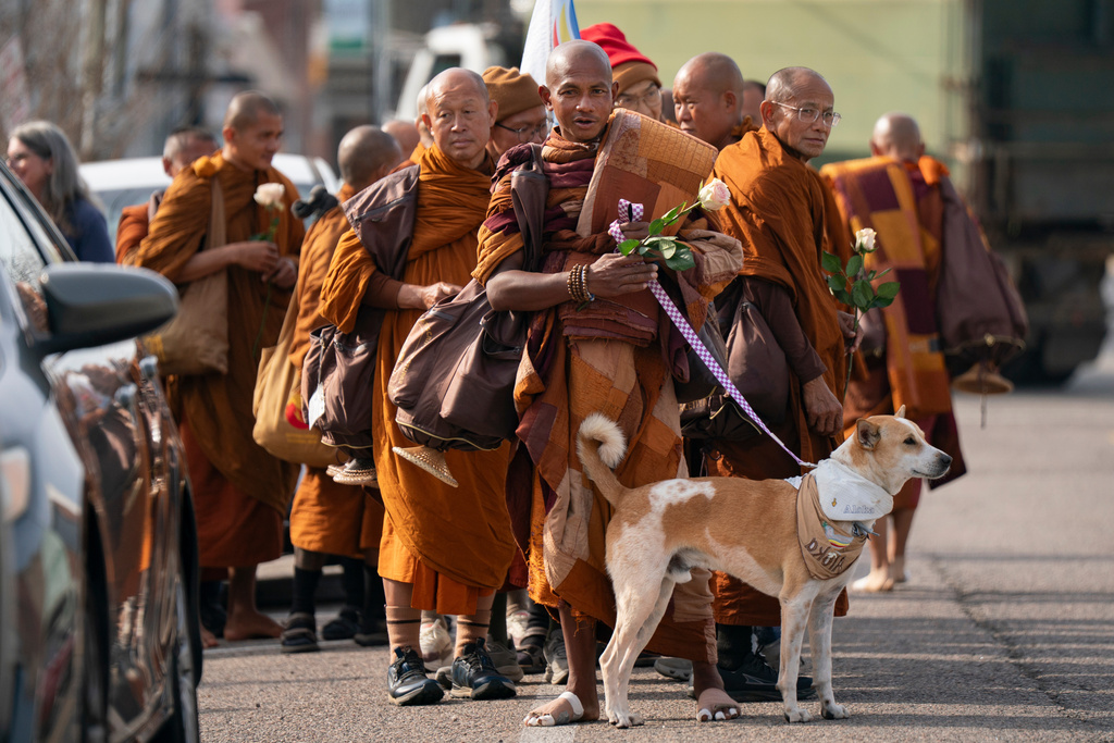 Buddhist monks who are participating in the, "Walk For Peace," are seen with their dog, Aloka, Thursday, Jan. 8, 2026, in Saluda, S.C. (AP Photo/Allison Joyce)