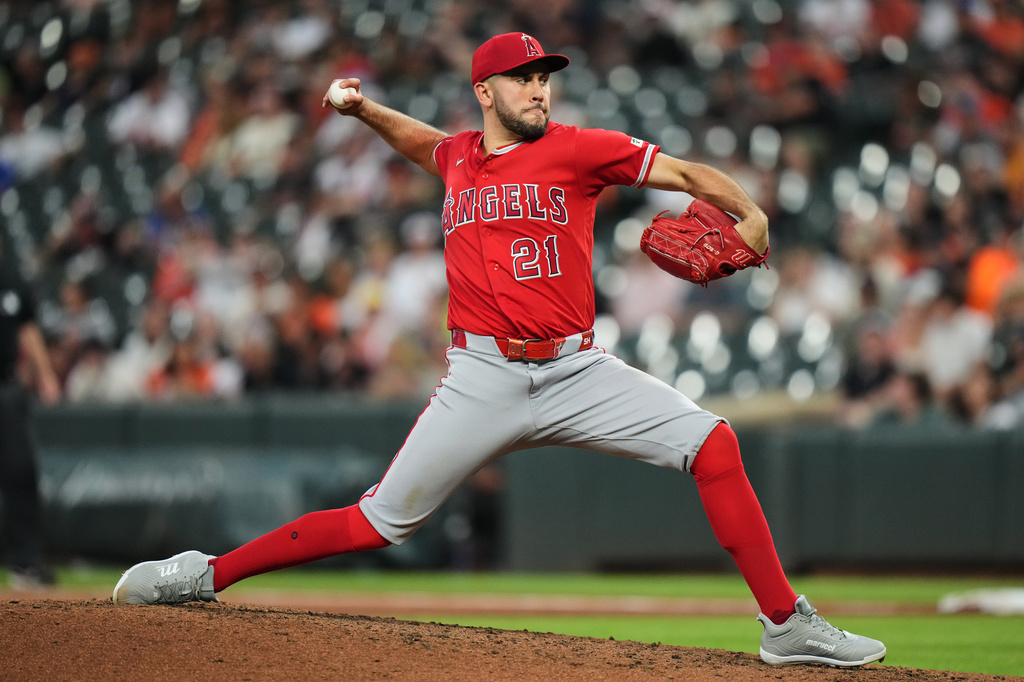 Los Angeles Angels starting pitcher Grayson Rodriguez delivers during the sixth inning of a baseball game against the Baltimore Orioles, Tuesday, Aug. 4, 2026, in Baltimore. (AP Photo/Stephanie Scarbrough)