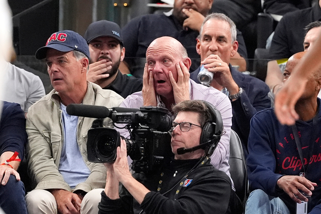 Los Angeles Clippers owner Steve Ballmer watches in the closing minutes of an NBA play-in tournament basketball game between the Clippers and the Golden State Warriors Wednesday, April 15, 2026, in Inglewood, Calif. (AP Photo/Mark J. Terrill)