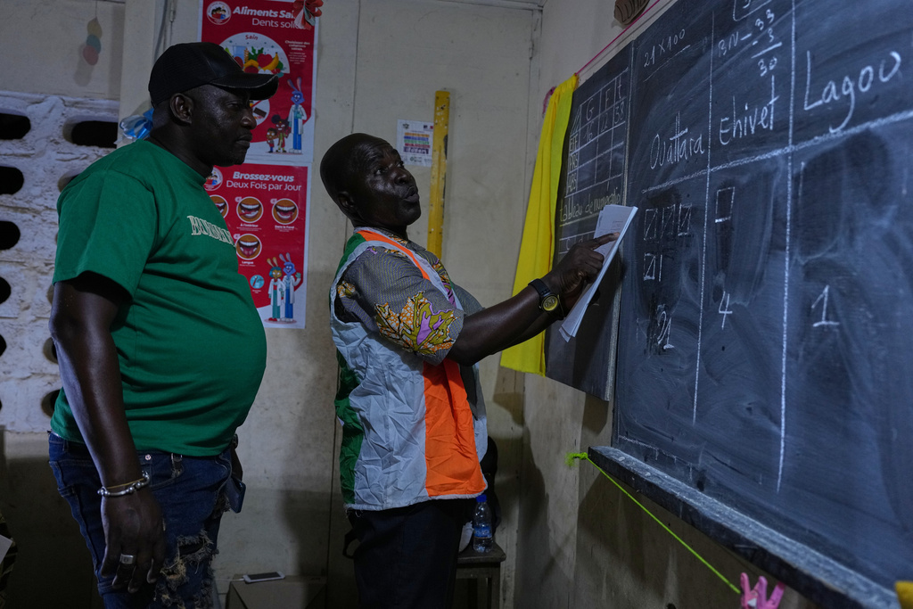 Officials count votes at a polling station in Yopougon as polls close during the presidential elections in Abidjan, Ivory Coast, Saturday, Oct. 25, 2025. (AP Photo/Misper Apawu)