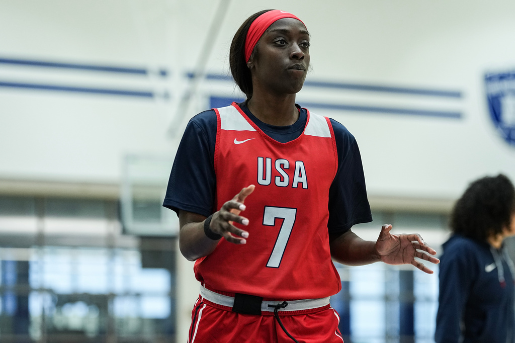 Kahleah Copper (7) looks on during a training camp for the U.S women's national basketball team, Friday, Dec. 12, 2025, in Durham, N.C. (AP Photo/Matt Kelley)