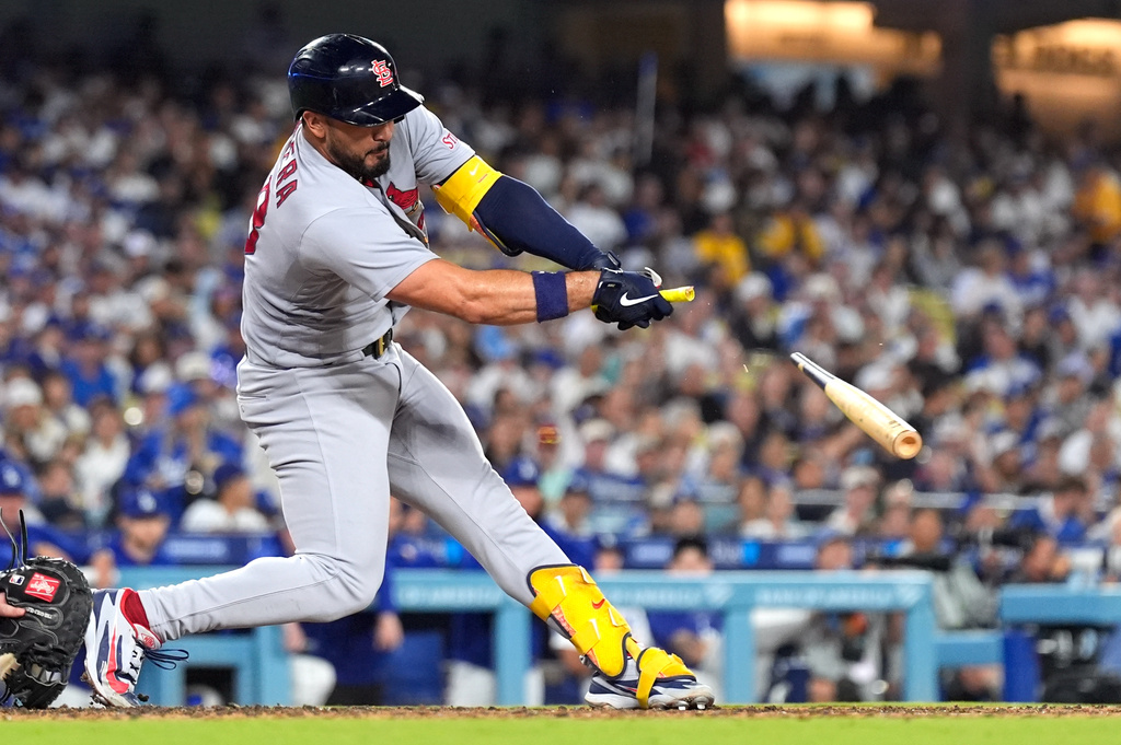 St. Louis Cardinals' Iván Herrera breaks his bat as he grounds out during the seventh inning of a baseball game against the Los Angeles Dodgers, Thursday, Sept. 3, 2026, in Los Angeles. (AP Photo/Mark J. Terrill)