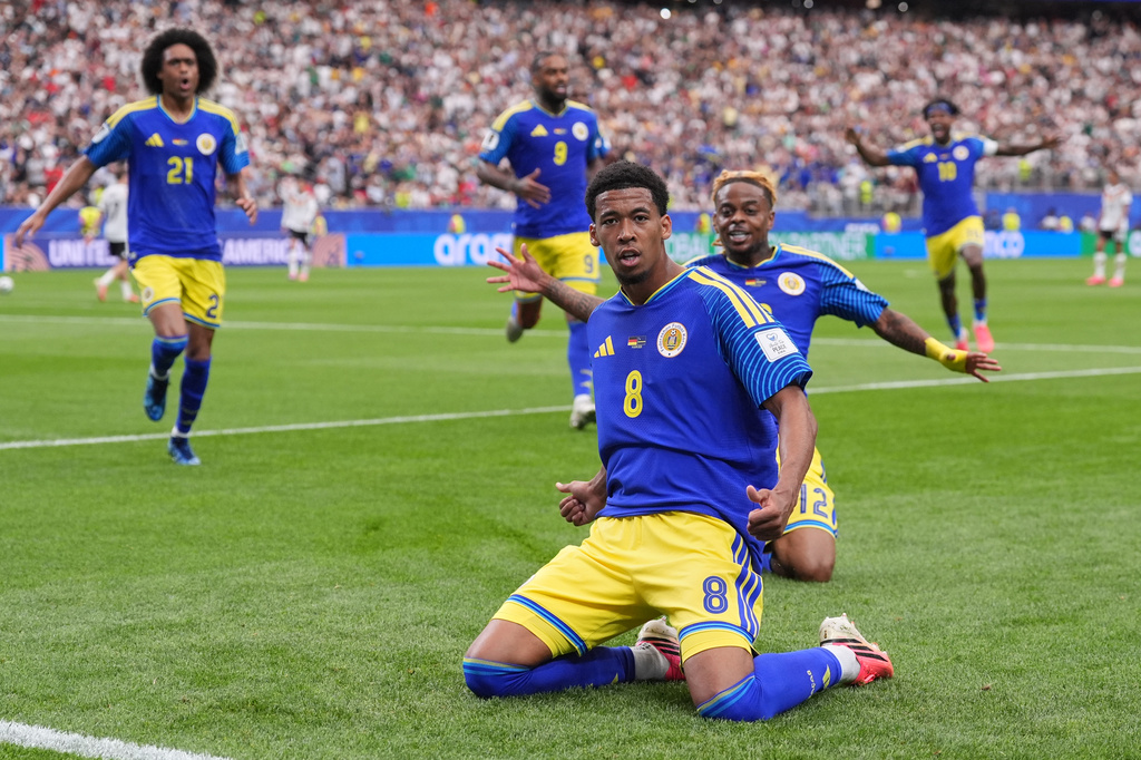 Curaçao's Livano Comenencia celebrates after scoring during the World Cup Group E soccer match between Germany and Curacao in Houston, Sunday, June 14, 2026. (AP Photo/Eric Gay)