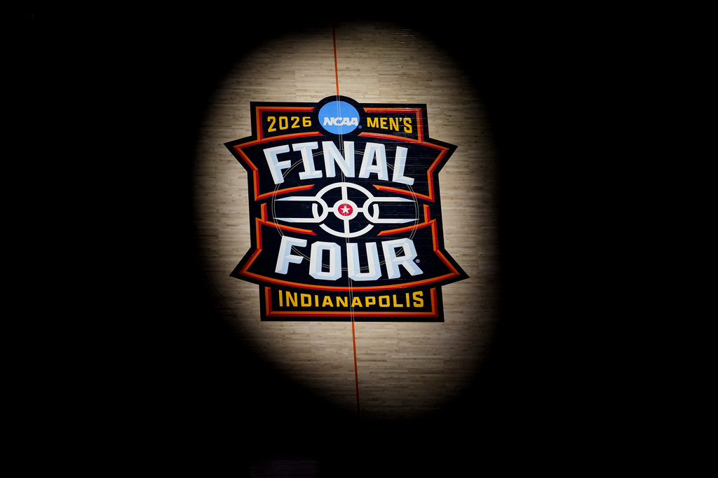 FILE - The Final Four logo is seen on the court prior to the NCAA college basketball tournament national championship game between UConn and Michigan at the Final Four, April 6, 2026, in Indianapolis. (AP Photo/AJ Mast, File)