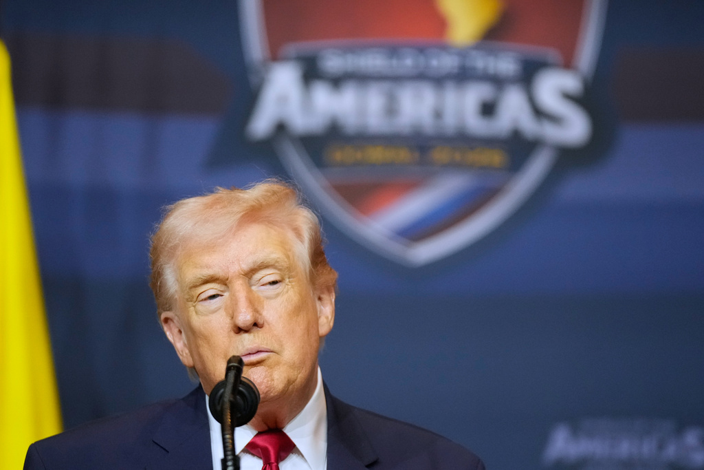 President Donald Trump speaks at the Shield of the Americas Summit, Saturday, March 7, 2026, at Trump National Doral Miami in Doral, Fla. (AP Photo/Mark Schiefelbein)