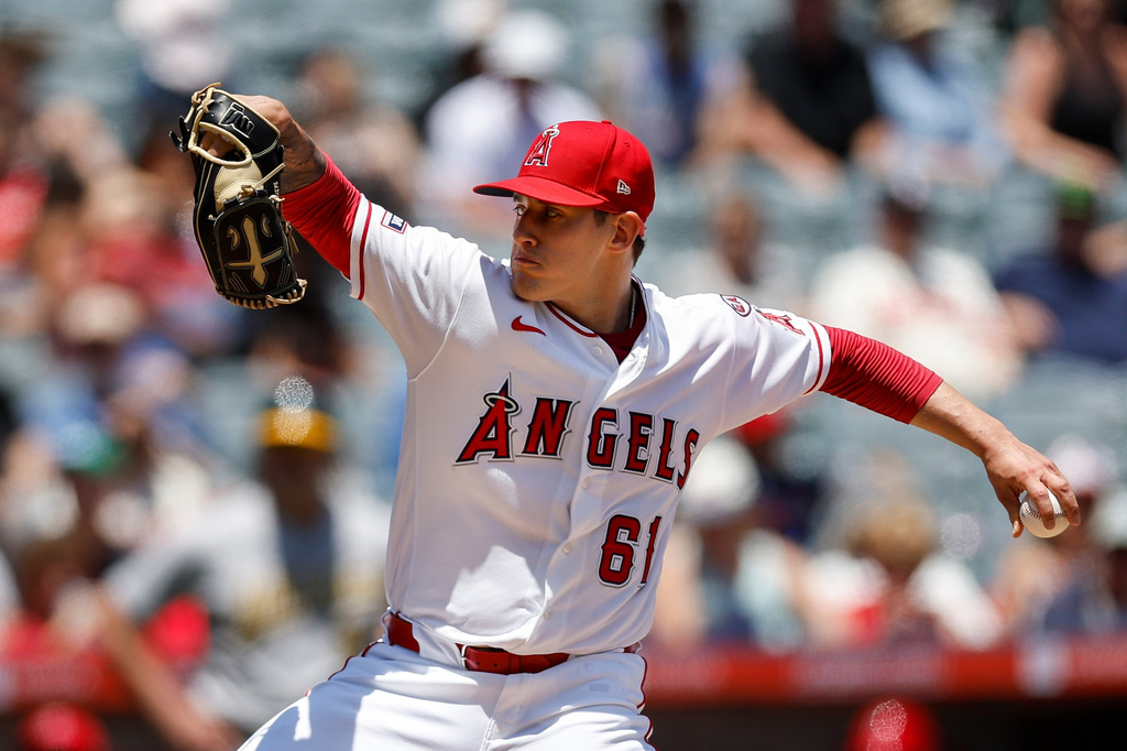 Los Angeles Angels starting pitcher Sam Aldegheri throws during the second inning of a baseball game against the Athletics, Sunday, June 28, 2026, in Anaheim, Calif. (AP Photo/Caroline Brehman)