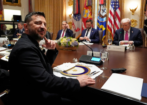 Ukraine's President Volodymyr Zelenskyy, left, sits before a meeting with President Donald Trump, from right, Vice President JD Vance and Treasury Secretary Scott Bessent in the Cabinet Room of the White House, Friday, Oct. 17, 2025, in Washington. (AP Photo/Alex Brandon) Ukraine's President Volodymyr Zelenskyy, left, sits before a meeting with President Donald Trump, from right, Vice President JD Vance and Treasury Secretary Scott Bessent in the Cabinet Room of the White House, Friday, Oct. 17, 2025, in Washington. (AP Photo/Alex Brandon)