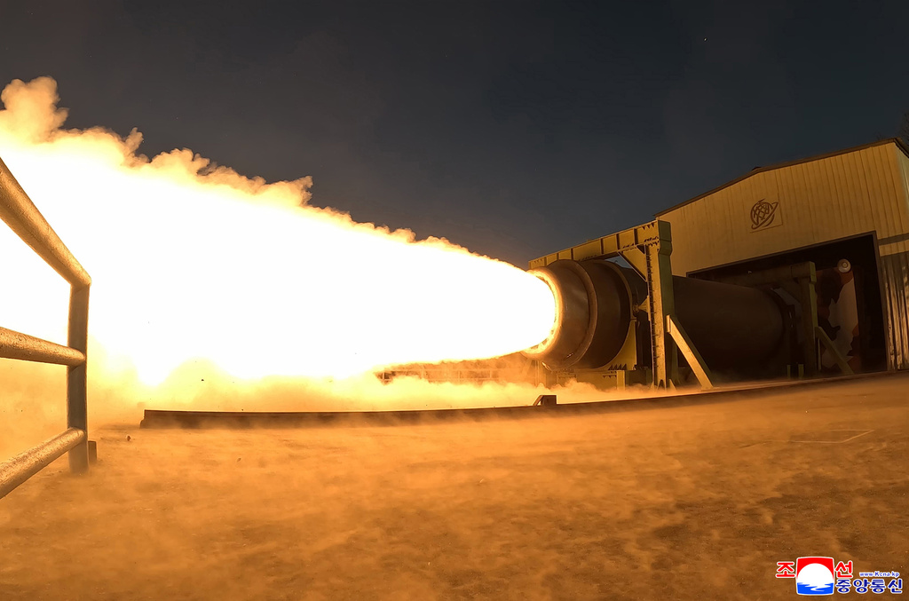 This undated photo provided on March 29, 2026 by the North Korean government, shows what it says a solid-fuel engine test at an undisclosed place in North Korea. Independent journalists were not given access to cover the event depicted in this image distributed by the North Korean government. The content of this image is as provided and cannot be independently verified. Korean language watermark on image as provided by source reads: "KCNA" which is the abbreviation for Korean Central News Agency. (Korean Central News Agency/Korea News Service via AP)