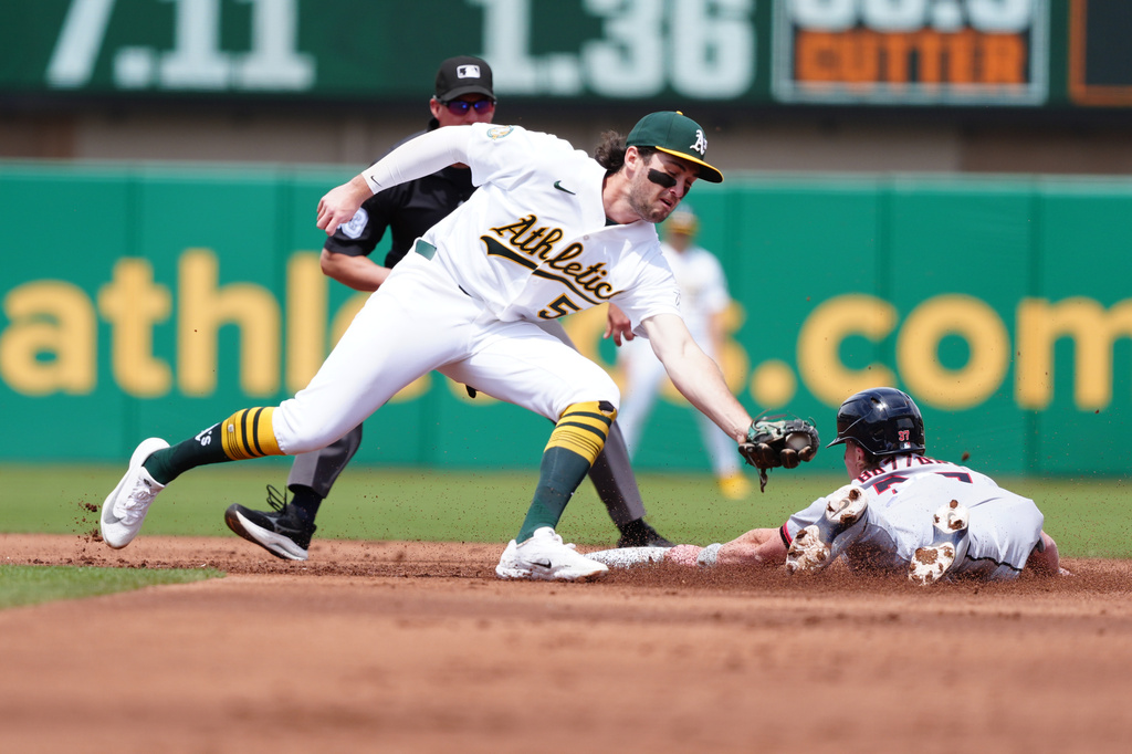 Cleveland Guardians' Travis Bazzana slides safely into second ahead of the tag from Athletics shortstop Jacob Wilson (5) during the second inning of a baseball game, Sunday, May 3, 2026, in West Sacramento, Calif. (AP Photo/Alan Greth)