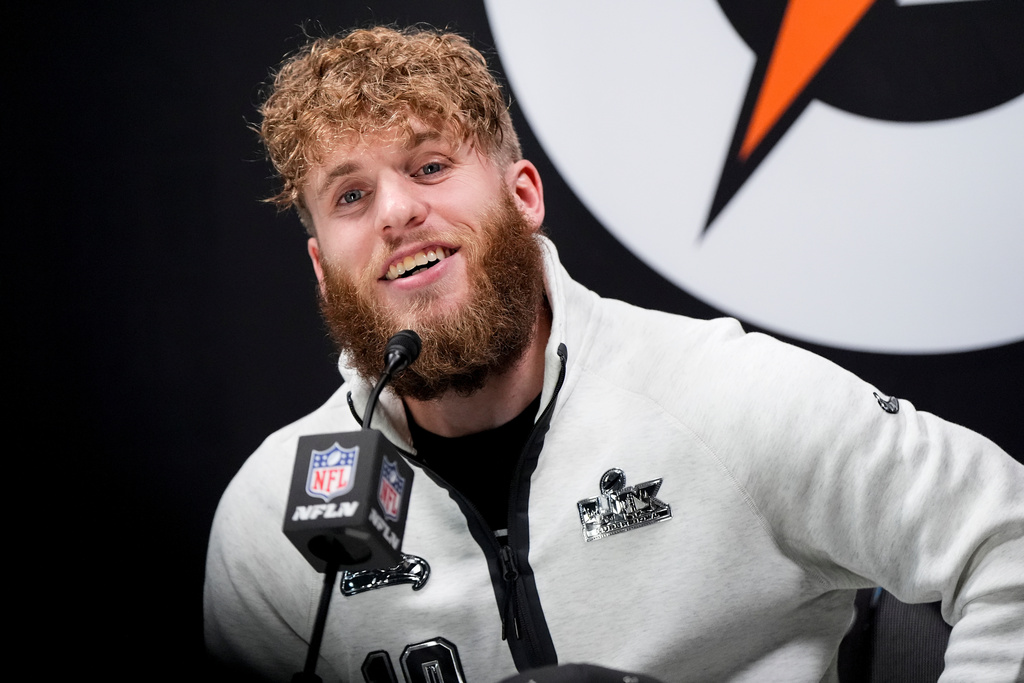 Seattle Seahawks wide receiver Cooper Kupp speaks during the NFL Super Bowl Opening Night, Monday, Feb. 2, 2026, in San Jose, Calif. ahead of the Super Bowl 60 football game between the New England Patriots and the Seattle Seahawks. (AP Photo/Brynn Anderson)