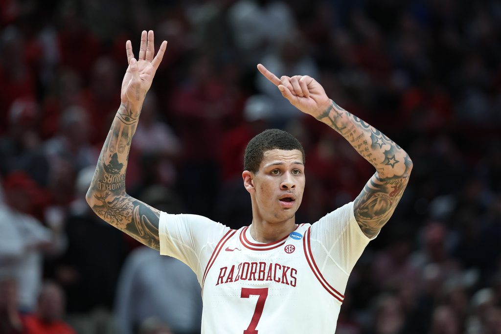 Arkansas forward Trevon Brazile reacts during the first half in the second round of the NCAA college basketball tournament against High Point, Saturday, March 21, 2026, in Portland, Ore. (AP Photo/Craig Mitchelldyer)