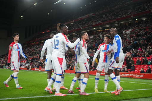 Crystal Palace players celebrate after a goal during the English League Cup fourth round soccer match between Liverpool and Crystal Palace in Liverpool, England, Wednesday, Oct. 29, 2025. (AP Photo/Jon Super) Crystal Palace players celebrate after a goal during the English League Cup fourth round soccer match between Liverpool and Crystal Palace in Liverpool, England, Wednesday, Oct. 29, 2025. (AP Photo/Jon Super)