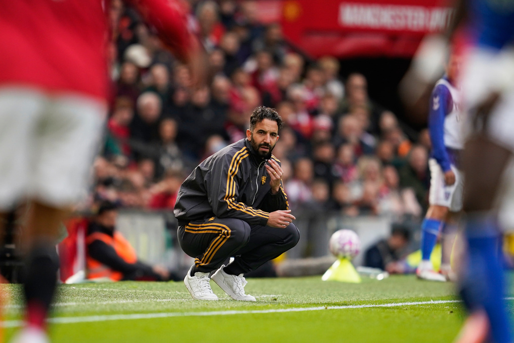 FILE - Manchester United's head coach Ruben Amorim watches from the sideline during the English Premier League soccer match between Manchester United and Sunderland at Old Trafford stadium in Manchester, England, Saturday, Oct. 4, 2025. (AP Photo/Dave Thompson, file)
