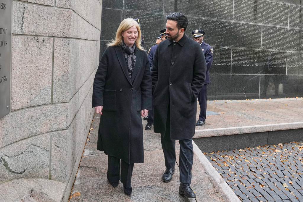 New York Mayor-elect Zohran Mamdani and New York City Police Commissioner Jessica Tisch visit the New York City Police Memorial, Wednesday, Nov. 19, 2025. (AP Photo/Richard Drew)