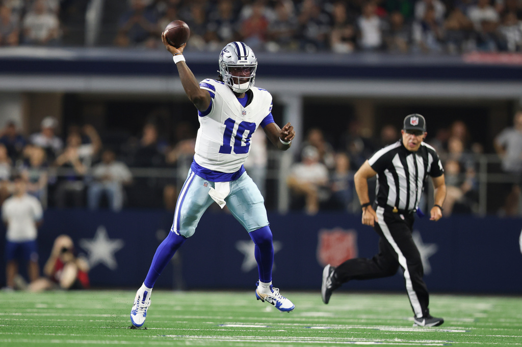 Dallas Cowboys quarterback Joe Milton III (10) throws against the New Orleans Saints during the first half of a preseason NFL football game, in Arlington, Texas, Friday, Aug. 28, 2026. (AP Photo/Gareth Patterson)
