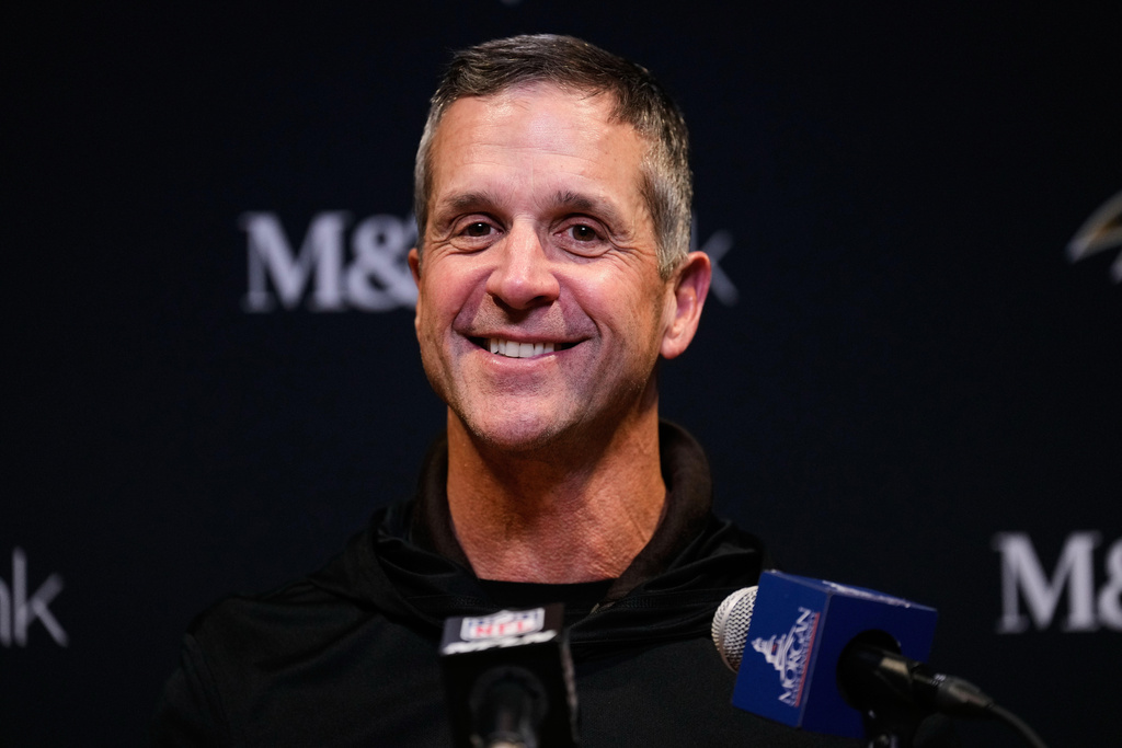 FILE - Baltimore Ravens head coach John Harbaugh speaks during a press conference after an NFL football game against the Cincinnati Bengals, Sunday, Dec. 14, 2025, in Cincinnati. (AP Photo/Carolyn Kaster, File)