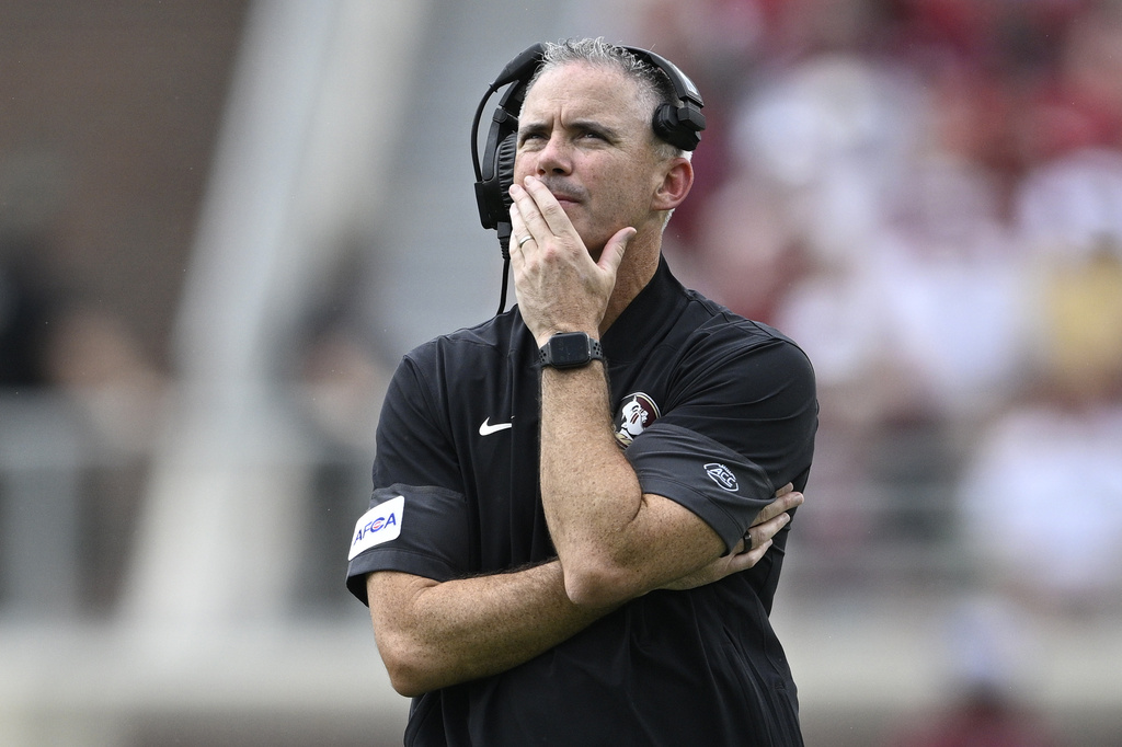 Florida State head coach Mike Norvell looks on during the first half of an NCAA college football game against Alabama, Saturday, Aug. 30, 2025, in Tallahassee, Fla. (AP Photo/Phelan M. Ebenhack)