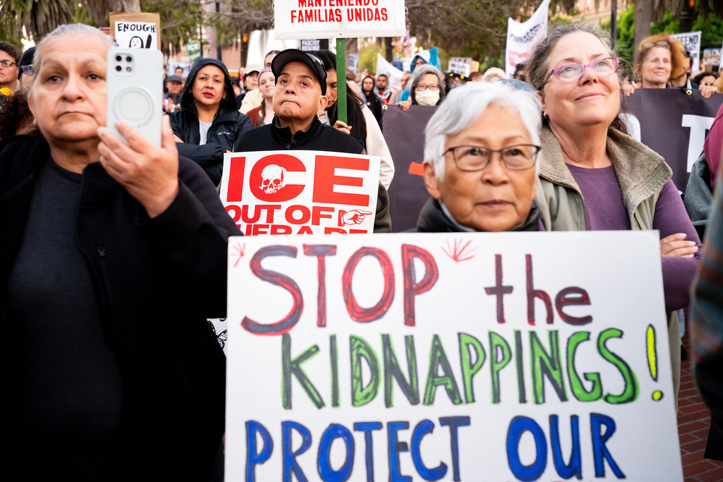 FILE - Protesters rally against immigration raids in San Francisco on Thursday, Oct. 23, 2025. (AP Photo/Noah Berger, File)