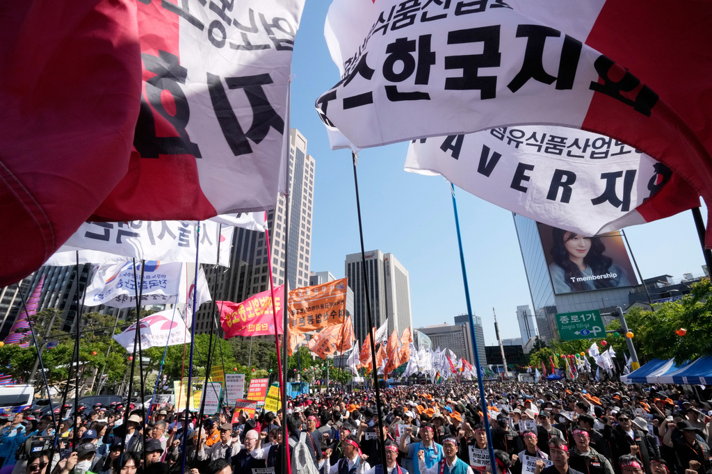 Members of the Korean Confederation of Trade Unions stage a rally on May Day in Seoul, South Korea, Friday, May 1, 2026. (AP Photo/Ahn Young-joon)