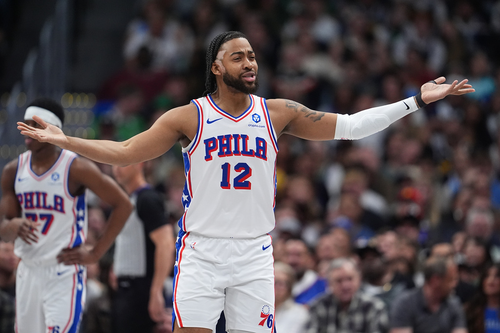Philadelphia 76ers forward Trendon Watford argues after he was called for a foul in the first half of an NBA basketball game against the Denver Nuggets Tuesday, March 17, 2026, in Denver. (AP Photo/David Zalubowski)