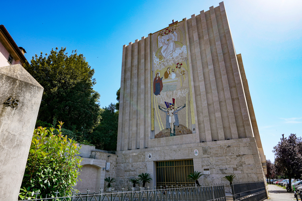 FILE - A mosaic by ex-Jesuit artist Marko Rupnik is seen on the main facade of the Church of Our Lady of the Canadian Martyrs, June 28, 2024, in Rome. (AP Photo/Andrew Medichini, File)