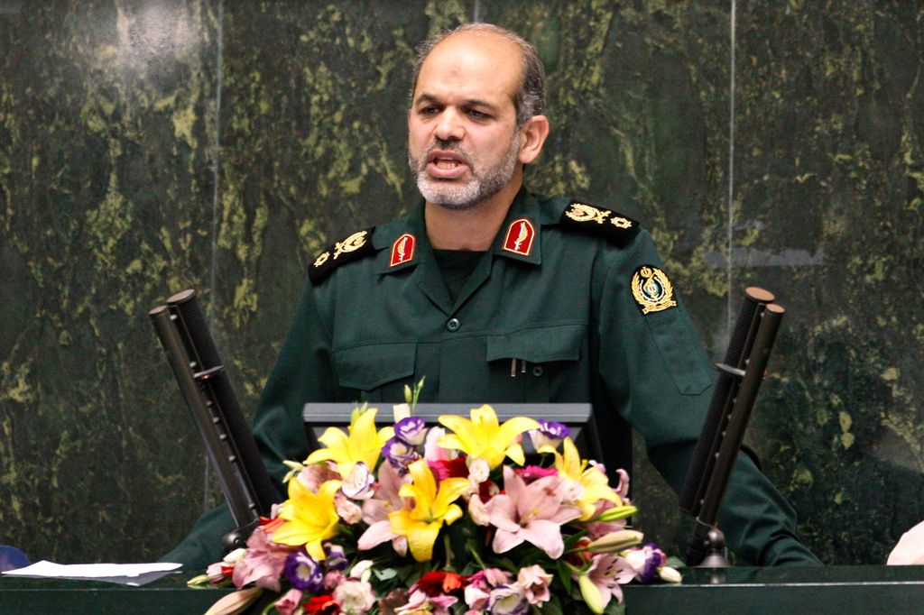 FILE - Nominee for defense minister Gen. Ahmad Vahidi delivers a speech to parliament on the qualification of proposed ministers of Iranian President Mahmoud Ahmadinejad, in Tehran, Iran, Sept. 1, 2009. (AP Photo/Vahid Salemi, File)