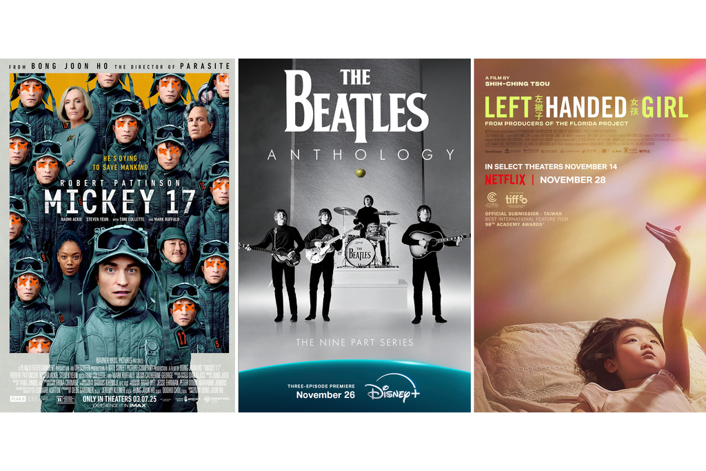This combination of images shows promotional art for "Mickey 17," left, "The Beatles Anthology," center, and "Left Handed Girl." (Warner Bros. Pictures/Disney+/Netflix via AP)