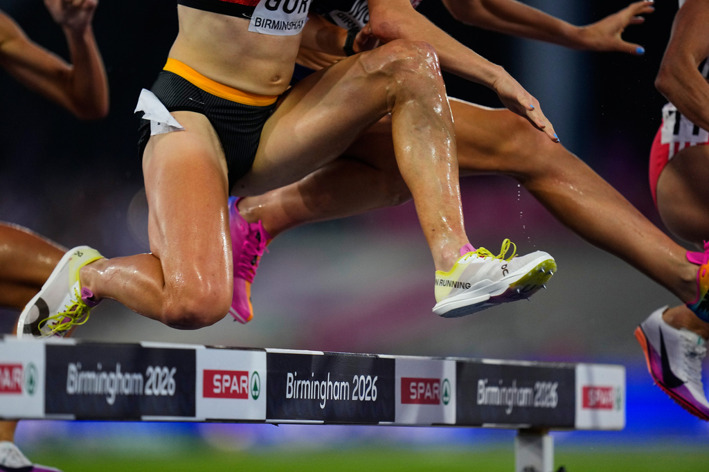 Athletes clear a barrier during the women's 3,000 meters steeplechase final at the European Athletics Championships in Birmingham, England, Thursday, Aug. 13, 2026. (AP Photo/Petr David Josek)