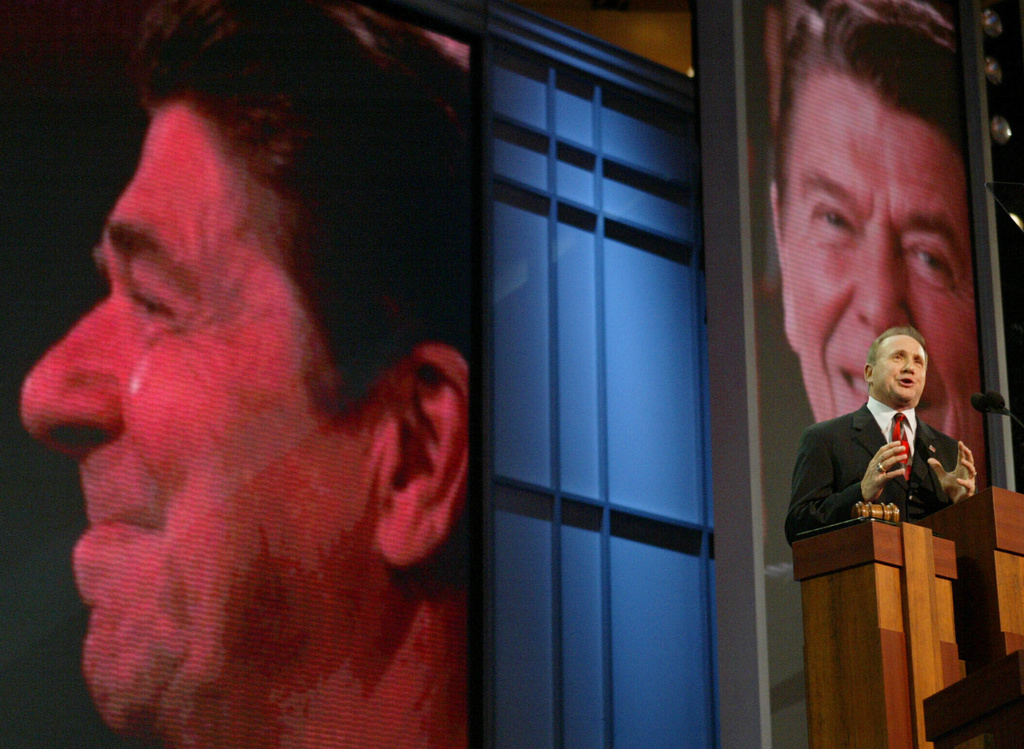 FILE - Michael Reagan introduces a video tribute to his late father, President Ronald Reagan, during the Republican National Convention at Madison Square Garden in New York, Wednesday, Sept. 1, 2004. (AP Photo/Joe Cavaretta, File)