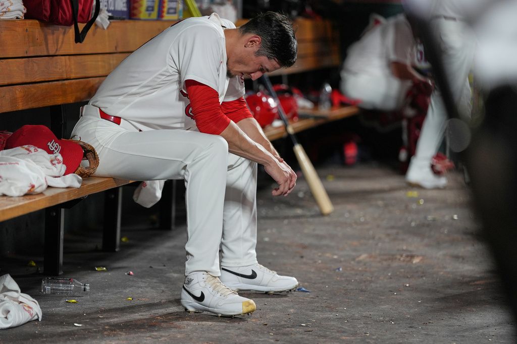 St. Louis Cardinals pitcher Riley O'Brien sits in the dugout after working the top of the ninth inning of a baseball game against Texas Rangers Tuesday, June 2, 2026, in St. Louis. (AP Photo/Jeff Roberson)