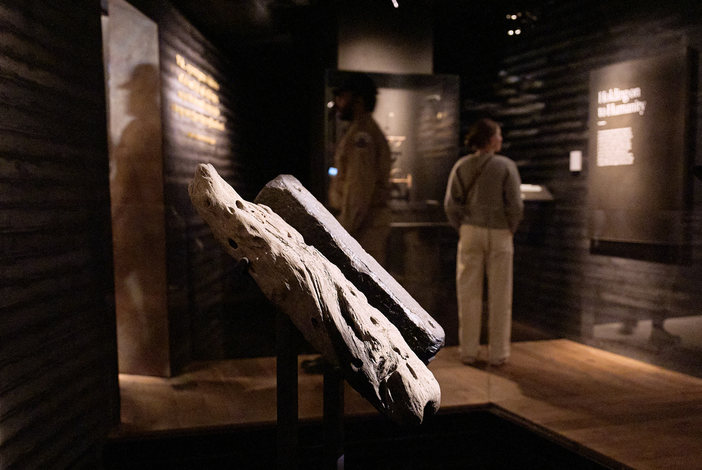 People visit the National Museum of African American History and Culture's Middle Passage exhibit, including a wooden timber, the artifact at left, from the slave ship, the São José-Paquete de Africa, Friday, March 6, 2026, in Washington. (AP Photo/Jacquelyn Martin)