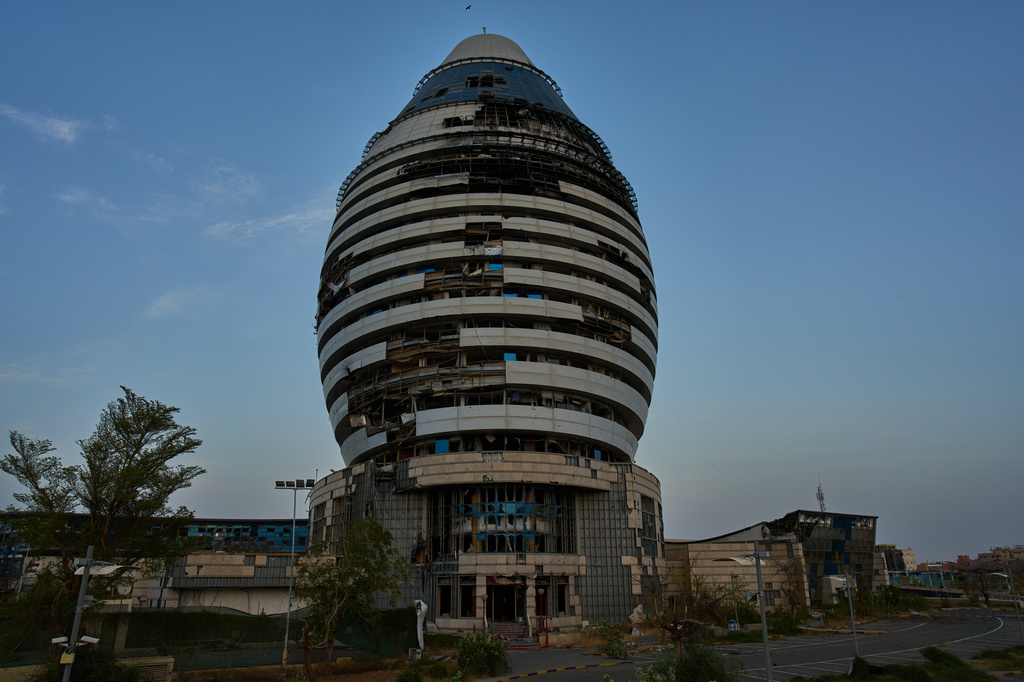 View of the war-damaged Corinthia Hotel in Khartoum, Sudan, Tuesday, April 21, 2026. (AP Photo/Bernat Armangue)