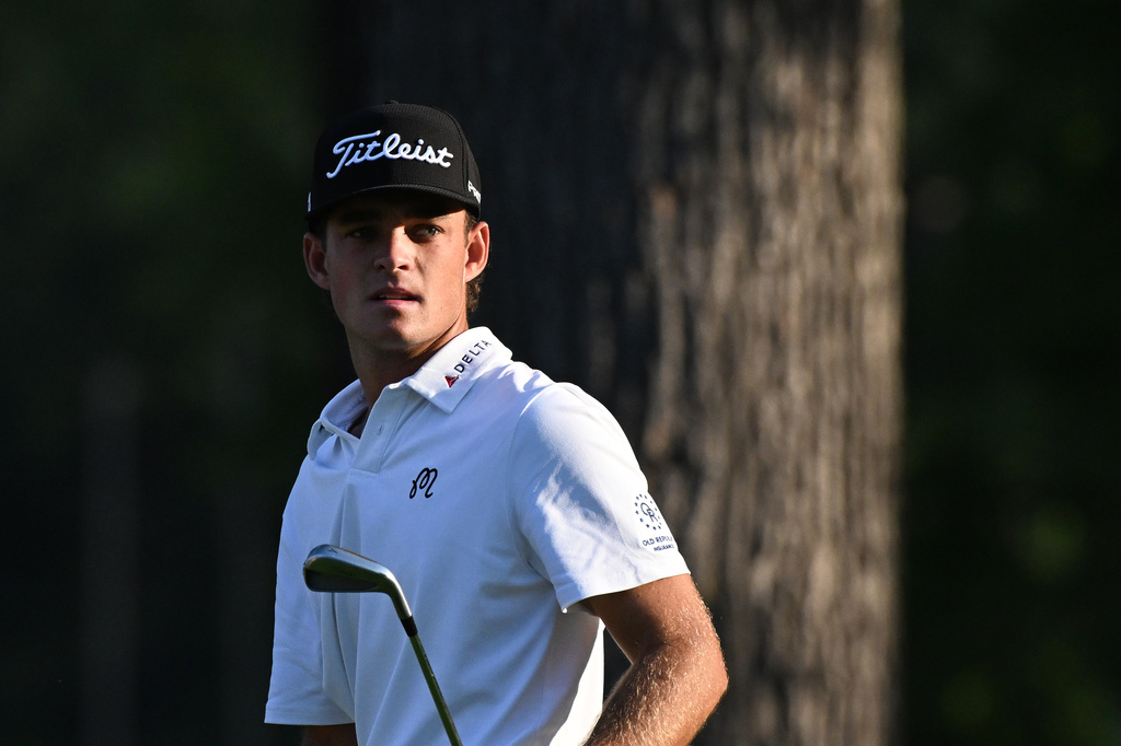 Jackson Koivun watches his shot from the 11th tee during the first round of the Rocket Classic golf tournament at the Detroit Golf Club, Thursday, July 30, 2026, in Detroit. (AP Photo/Jose Juarez)