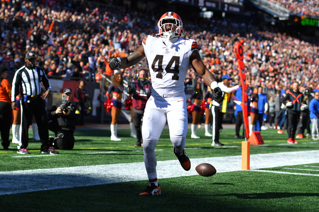 Cleveland Browns tight end Harold Fannin Jr. celebrates after scoring a touchdown against the New England Patriots in the first half of an NFL football game on Sunday, Oct. 26, 2025, in Foxborough, Mass. (AP Photo/Steven Senne)