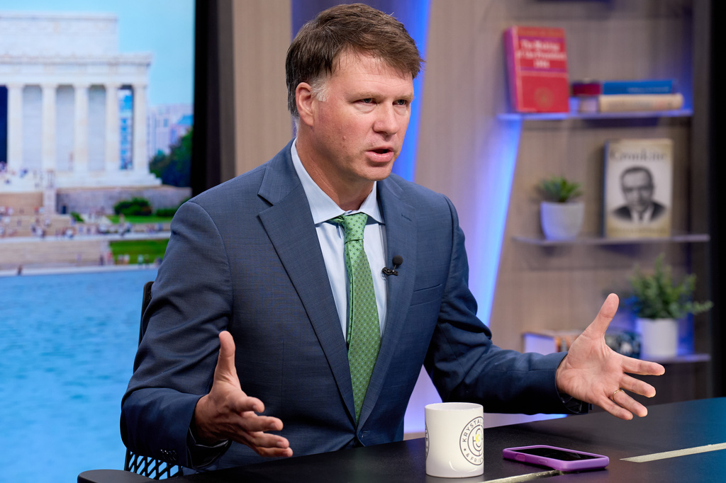 Ryan Grim records a segment for the YouTube daily news show, Breaking Points, Monday, July 27, 2026, in Washington. (AP Photo/Jacquelyn Martin)