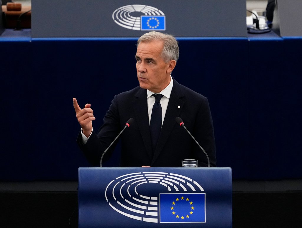 Prime Minister Mark Carney addresses the European Parliament in Strasbourg, France, on Thursday, Sept. 17, 2026. (Justin Tang /The Canadian Press via AP)