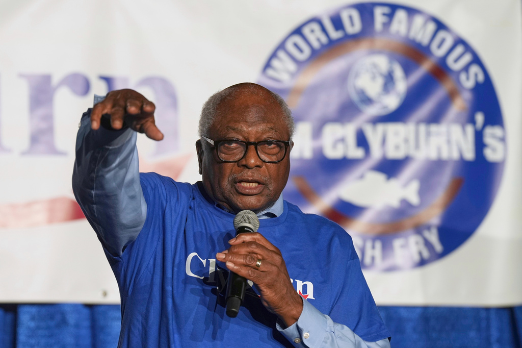 FILE - Rep. Jim Clyburn, D-S.C., speaks to attendees at his World Famous Fish Fry, May 30, 2025, in Columbia, S.C. (AP Photo/Meg Kinnard, File)