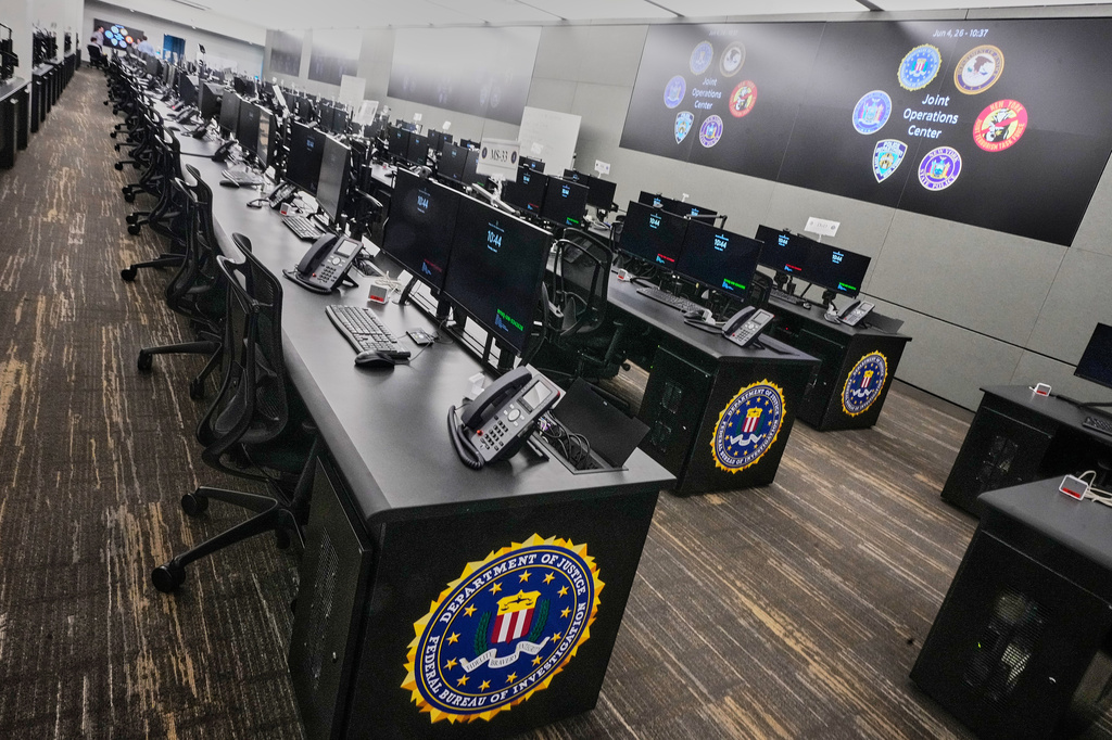 Rows of desks fill the FBI's Joint Operations Center in New York, Thursday, June 4, 2026, ahead of the World Cup soccer tournament. (AP Photo/Richard Drew)