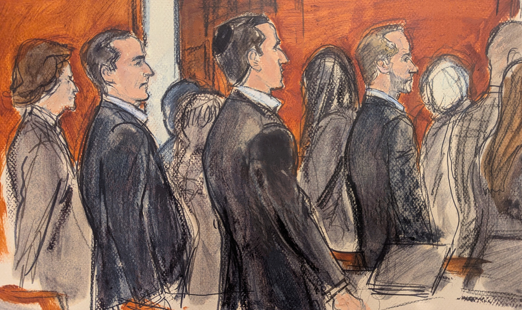 In this courtroom sketch, Alon Alexander, second from left, Oren Alexander, center, and Tal Alexander, watch the jury file out of the courtroom after the verdict was read in Manhattan federal court, Monday, March 9, 2026, in New York. (Elizabeth Williams via AP)