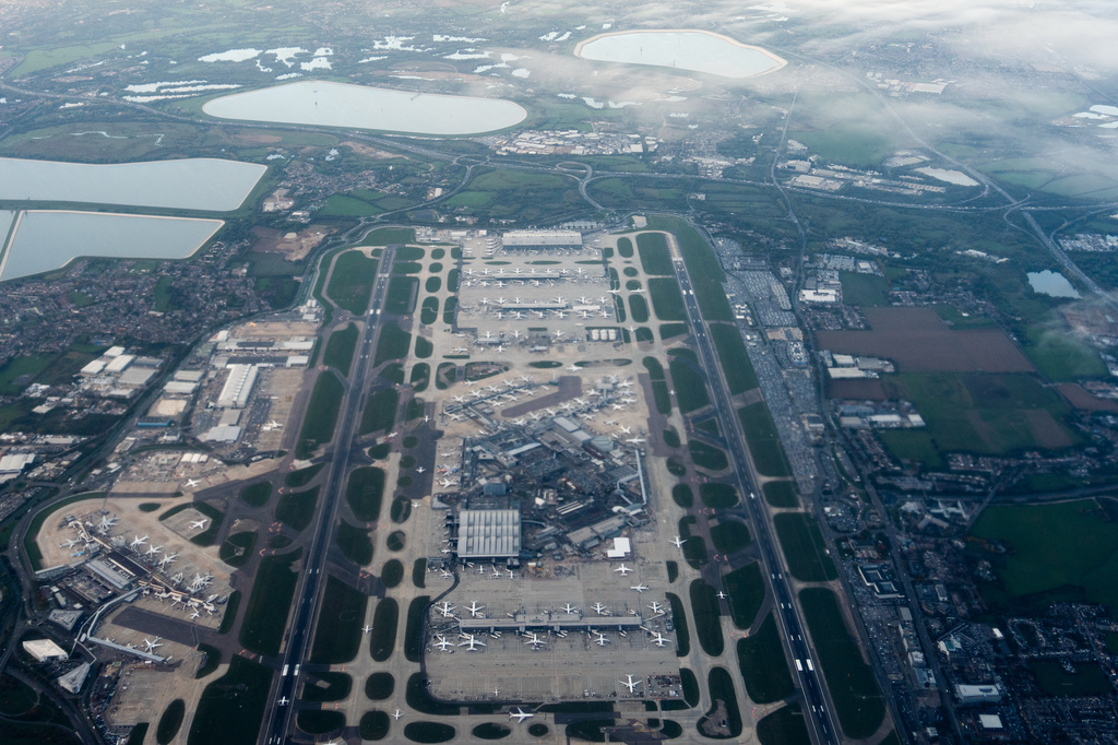 FILE- Heathrow Airport is seen from an airplane, Oct. 6, 2025, in London. (AP Photo/Julia Demaree Nikhinson, File)