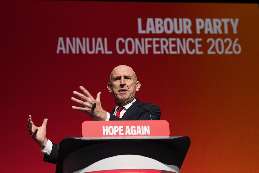 Chancellor of the Exchequer John Healey speaks during the Labour Party Conference in Liverpool, England, Monday Sept. 28, 2026. (Peter Byrne/PA via AP)