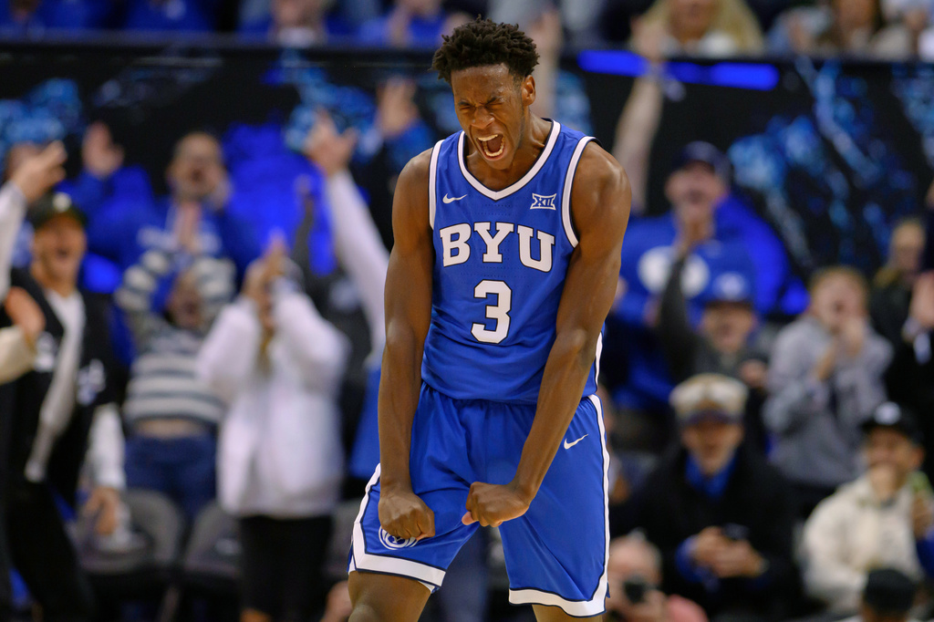 FILE - BYU forward AJ Dybantsa reacts to scoring a career high and new freshman record at BYU during the second half of an NCAA college basketball game against Utah, Saturday, Jan. 24, 2026, in Provo, Utah. (AP Photo/Tyler Tate, File)